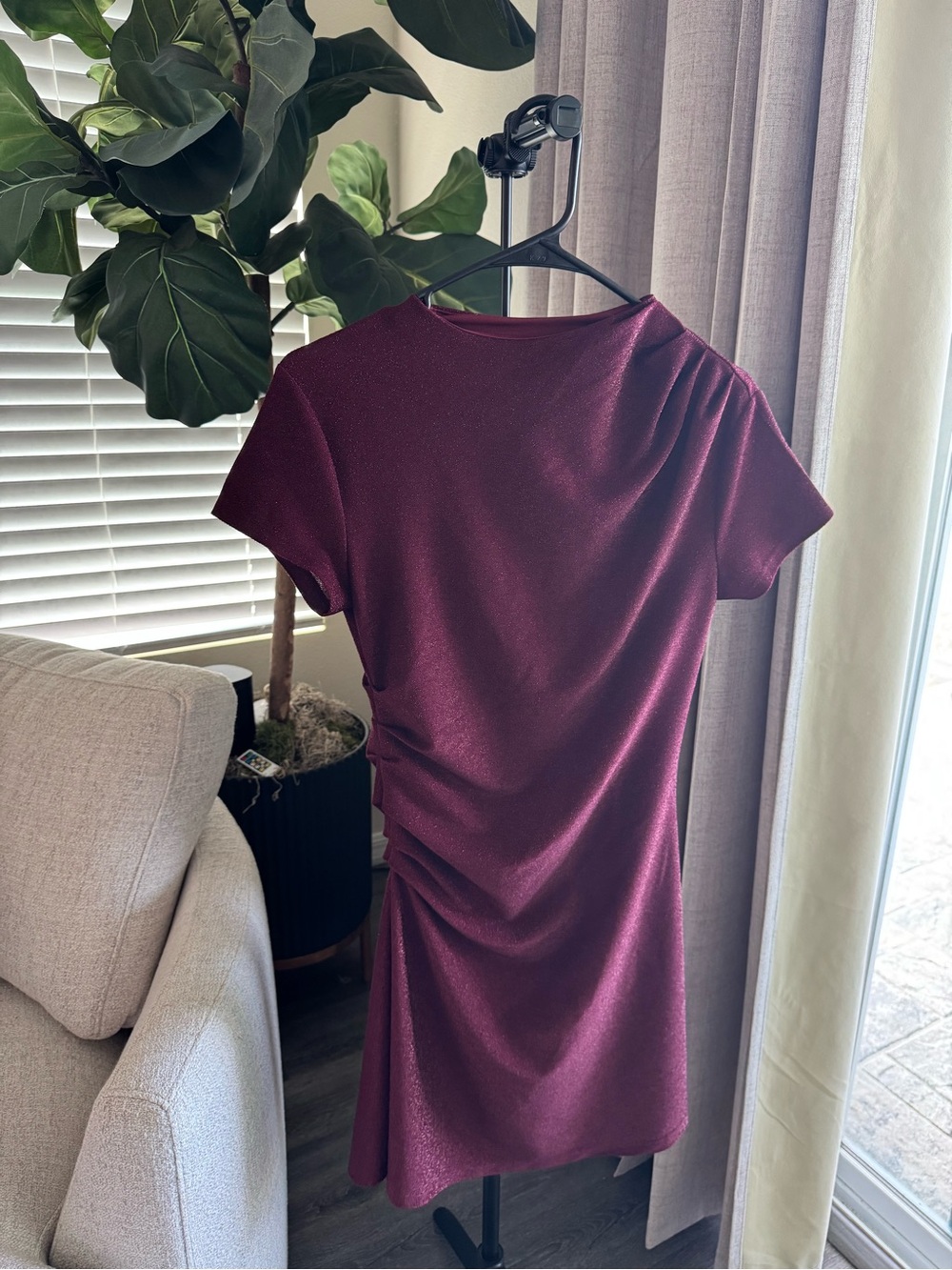 H&M Burgundy Shimmer Ruched Mini Dress